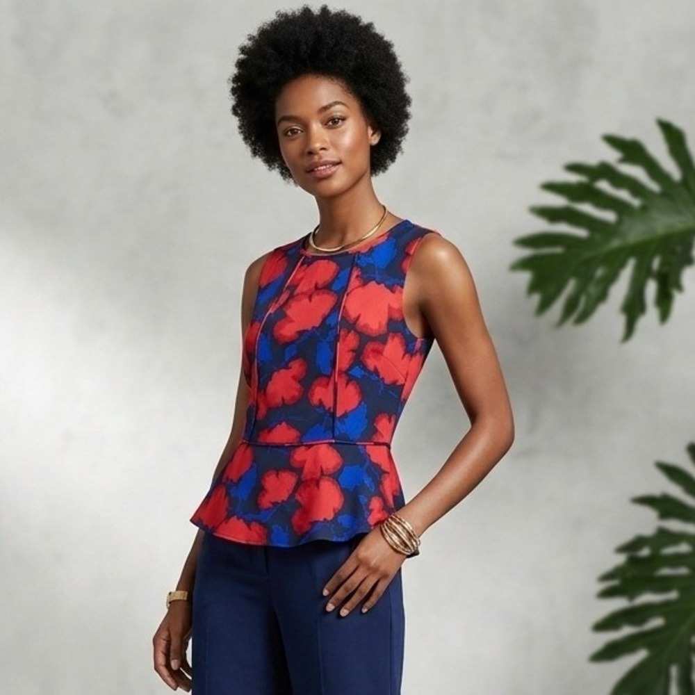 Banana Republic Peplum Blouse Womens 10 Navy Red Blue Floral Sleeveless Zip Back